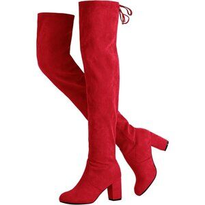 Women's Red Suede Inner Zipper Thigh High Over The Knee High Square Heel Boots